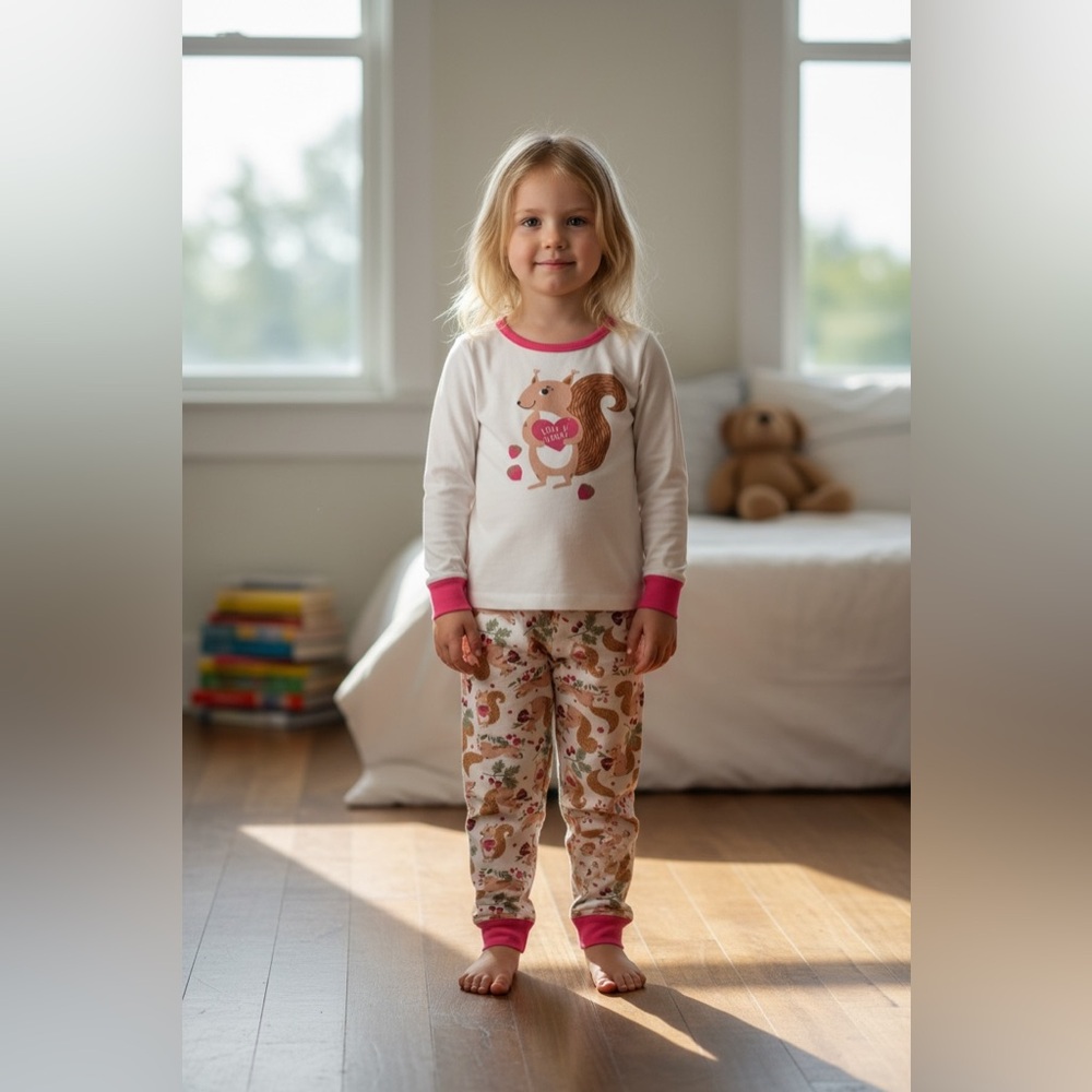 Adorable Squirrel Print Kids Pajamas - White and Pink